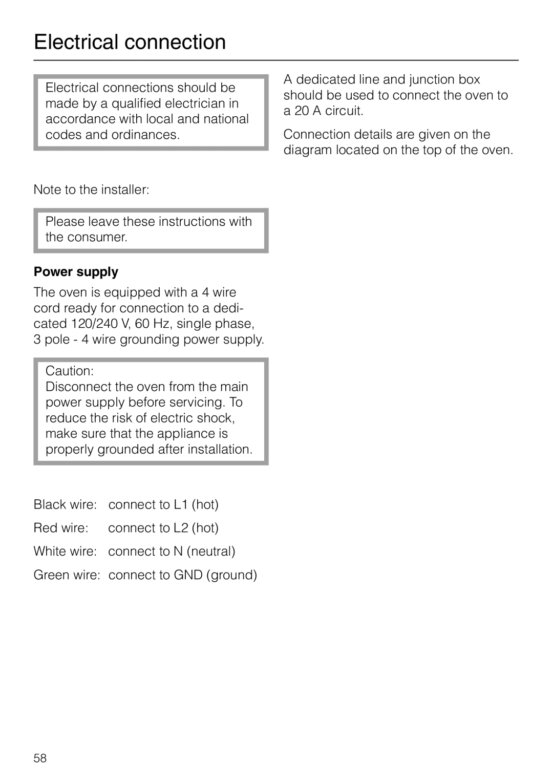 Miele H 267 B, H 277 B manual Electrical connection, Power supply 