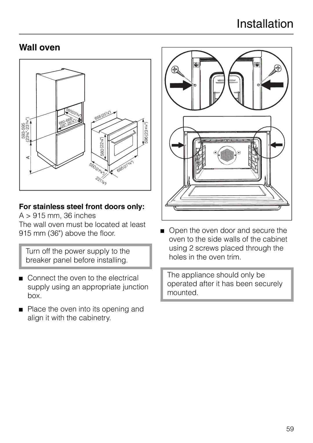 Miele H 277 B, H 267 B manual Installation, Wall oven, For stainless steel front doors only 