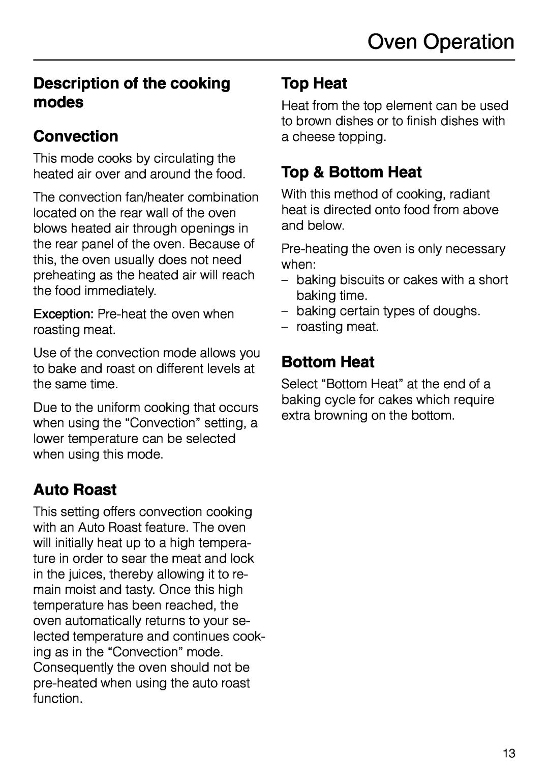 Miele H 277 B manual Oven Operation, Description of the cooking modes Convection, Auto Roast, Top Heat, Top & Bottom Heat 