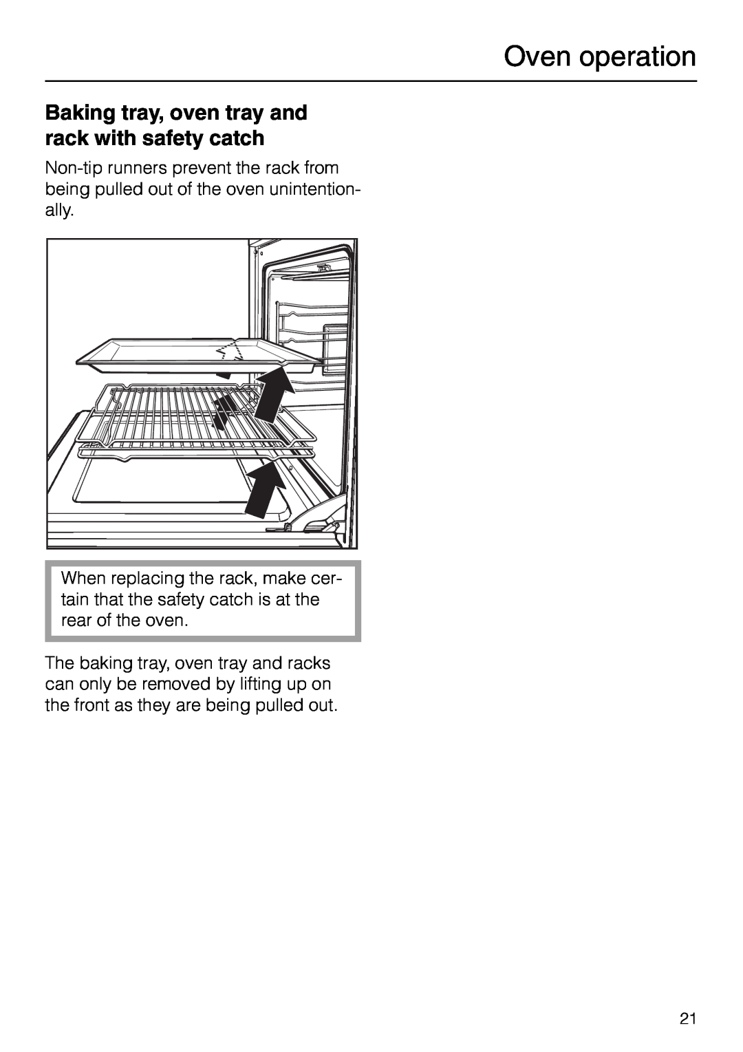 Miele H 277 B, H 267 B manual Baking tray, oven tray and rack with safety catch, Oven operation 