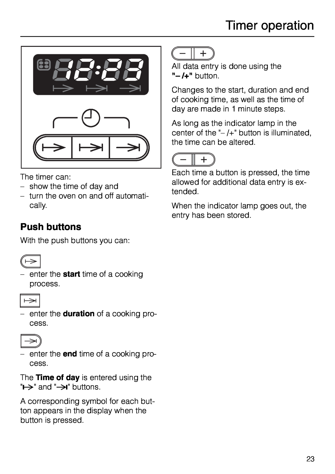 Miele H 277 B, H 267 B manual Timer operation, Push buttons 