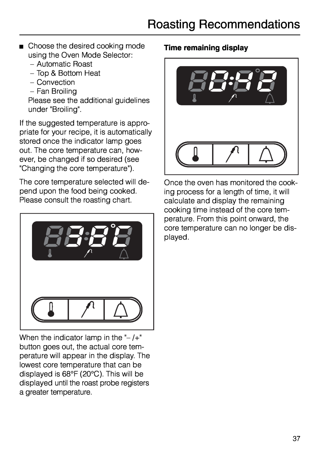 Miele H 277 B, H 267 B manual Time remaining display, Roasting Recommendations 
