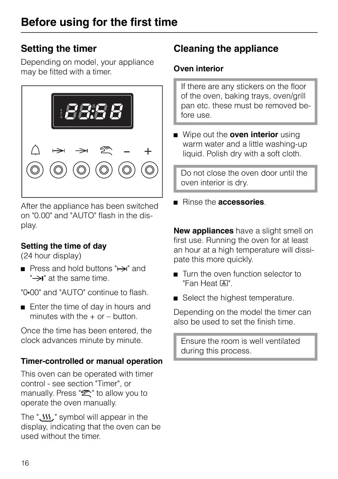 Miele H 326, H 316, H 320, H 310 manual Before using for the first time, Setting the timer, Cleaning the appliance 