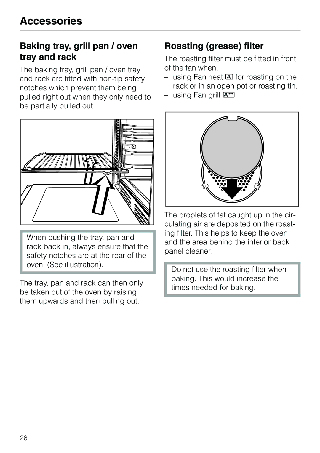 Miele H 320, H 326, H 316, H 310 manual Accessories, Baking tray, grill pan / oven tray and rack, Roasting grease filter 