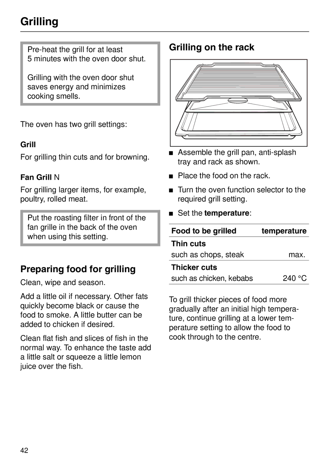 Miele H 320, H 326, H 316, H 310 manual Preparing food for grilling, Grilling on the rack 