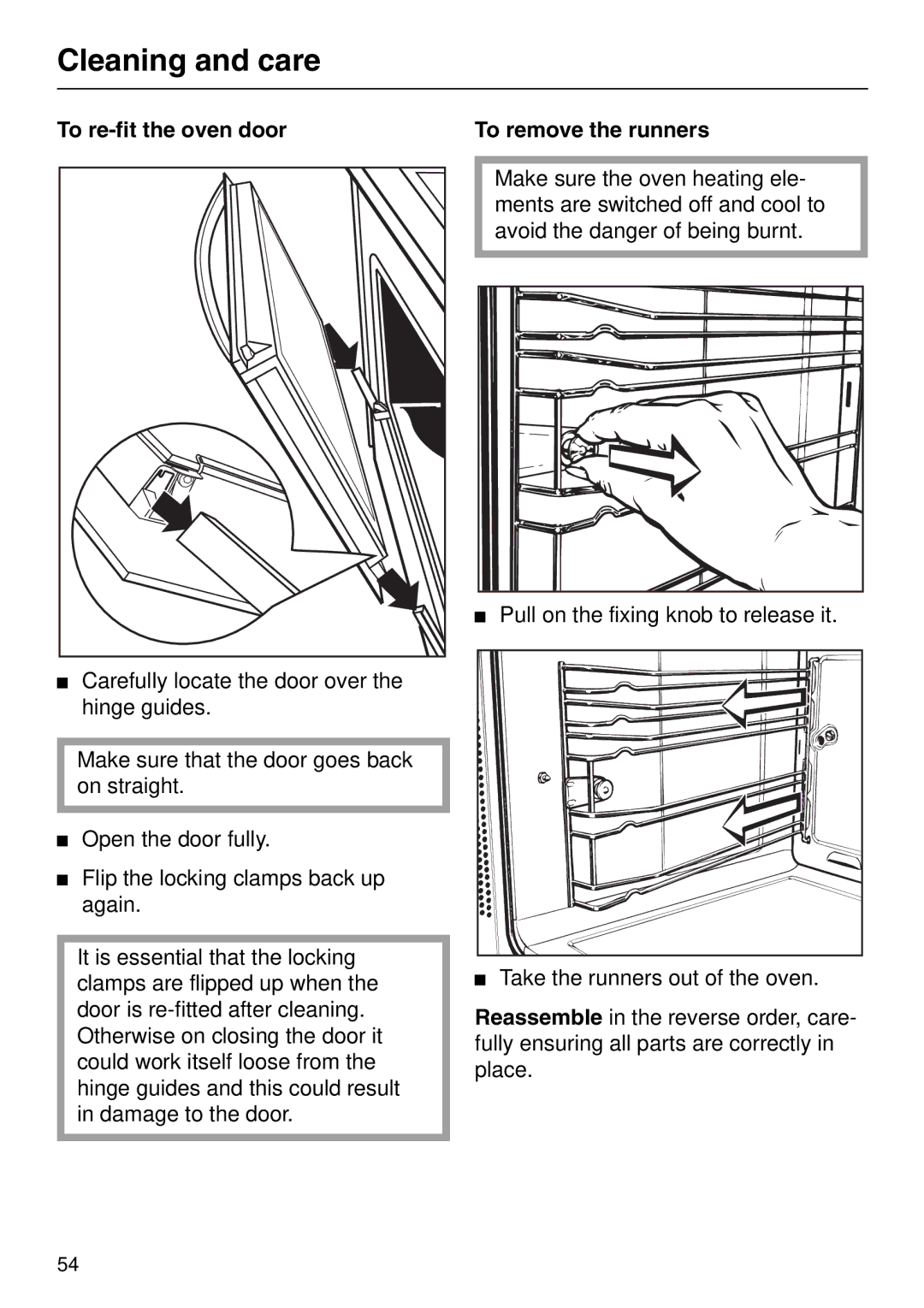 Miele H 320, H 326, H 316, H 310 manual To re-fit the oven door, To remove the runners 