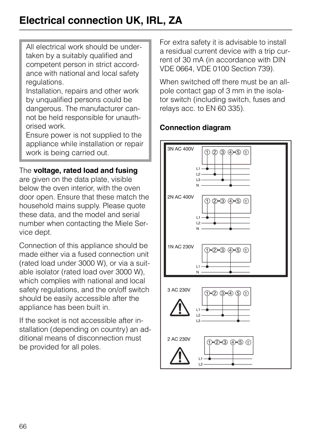 Miele H 320, H 326, H 316, H 310 manual Electrical connection UK, IRL, ZA, Connection diagram 