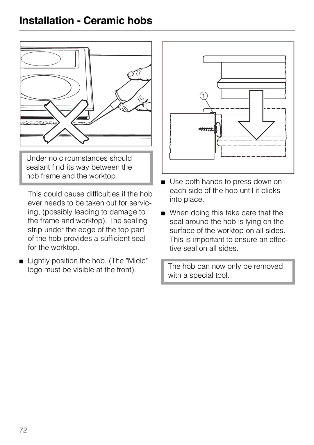 Miele H 326, H 316, H 320, H 310 manual Installation Ceramic hobs 