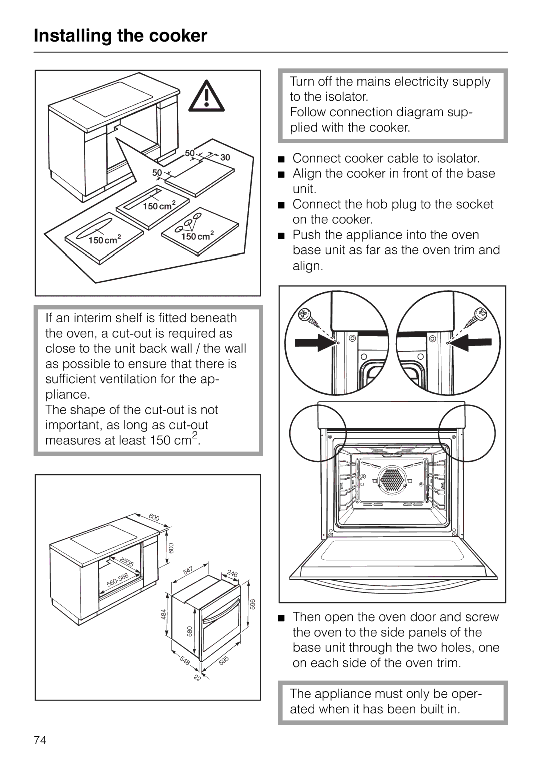 Miele H 320, H 326, H 316, H 310 manual Installing the cooker 