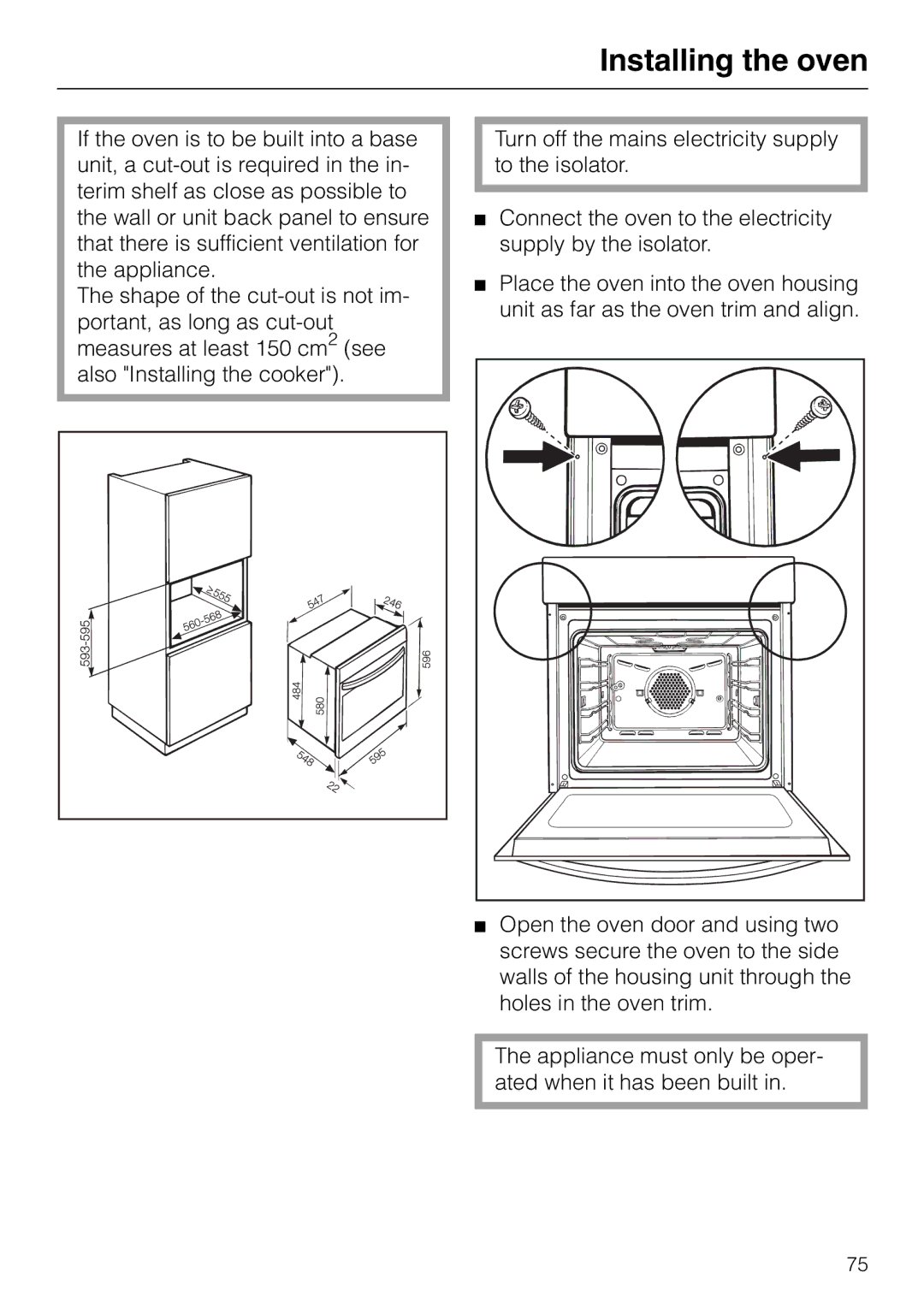 Miele H 310, H 326, H 316, H 320 manual Installing the oven 