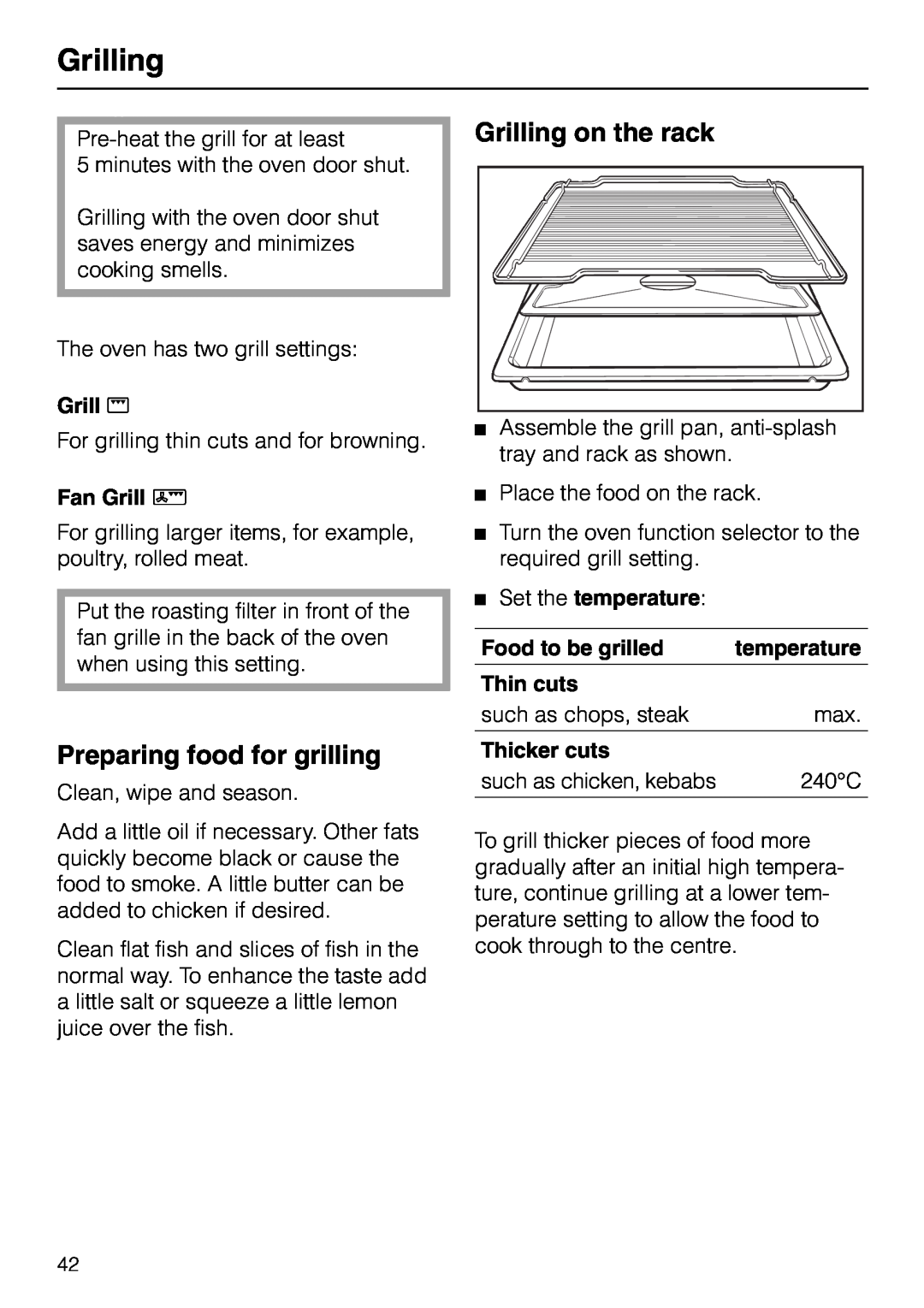 Miele H 320 Preparing food for grilling, Grilling on the rack, Grill n, Fan Grill N, Set the temperature, Thin cuts 