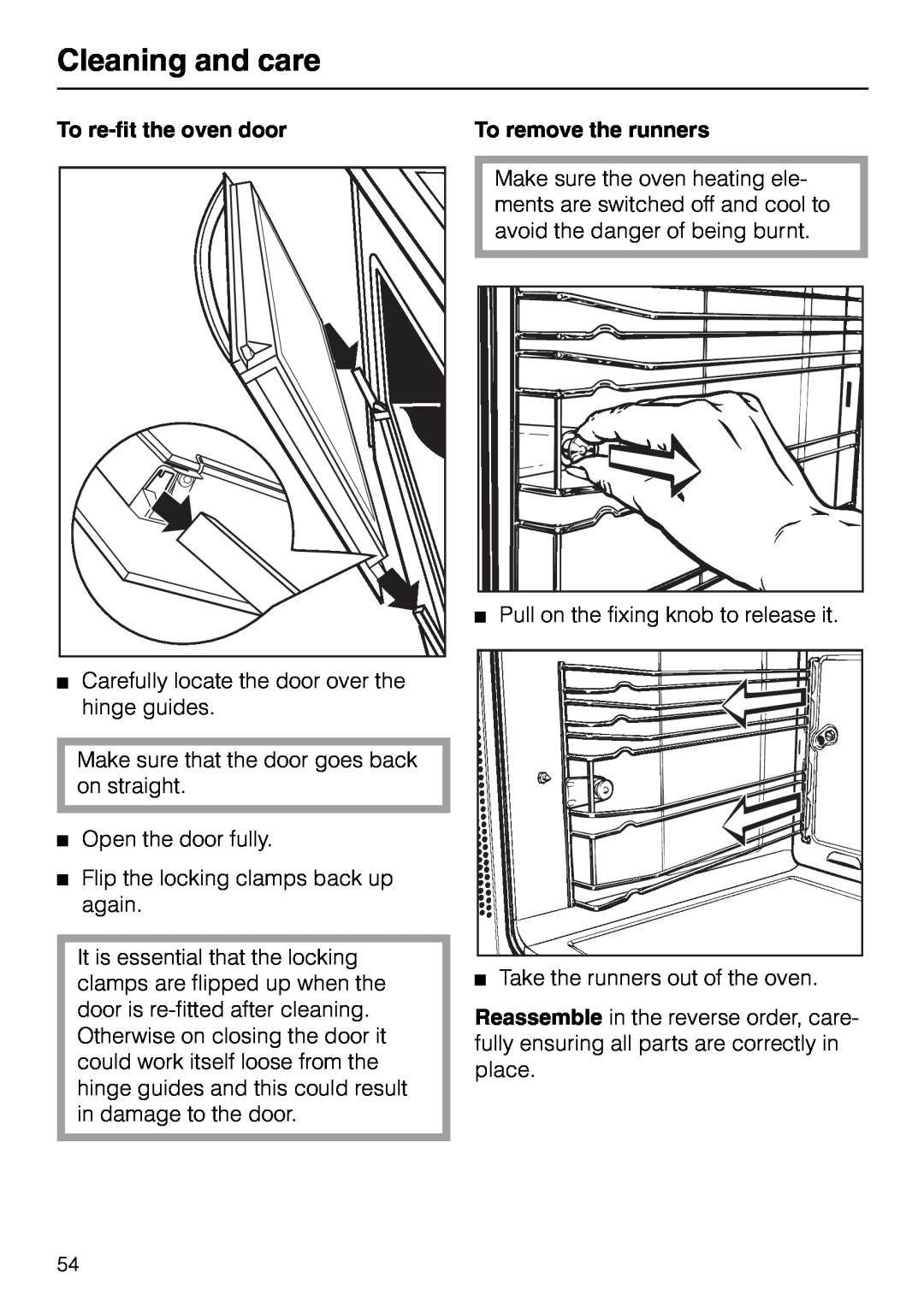 Miele H 320, H 326, H 316, H 310 manual To re-fit the oven door, To remove the runners, Cleaning and care 