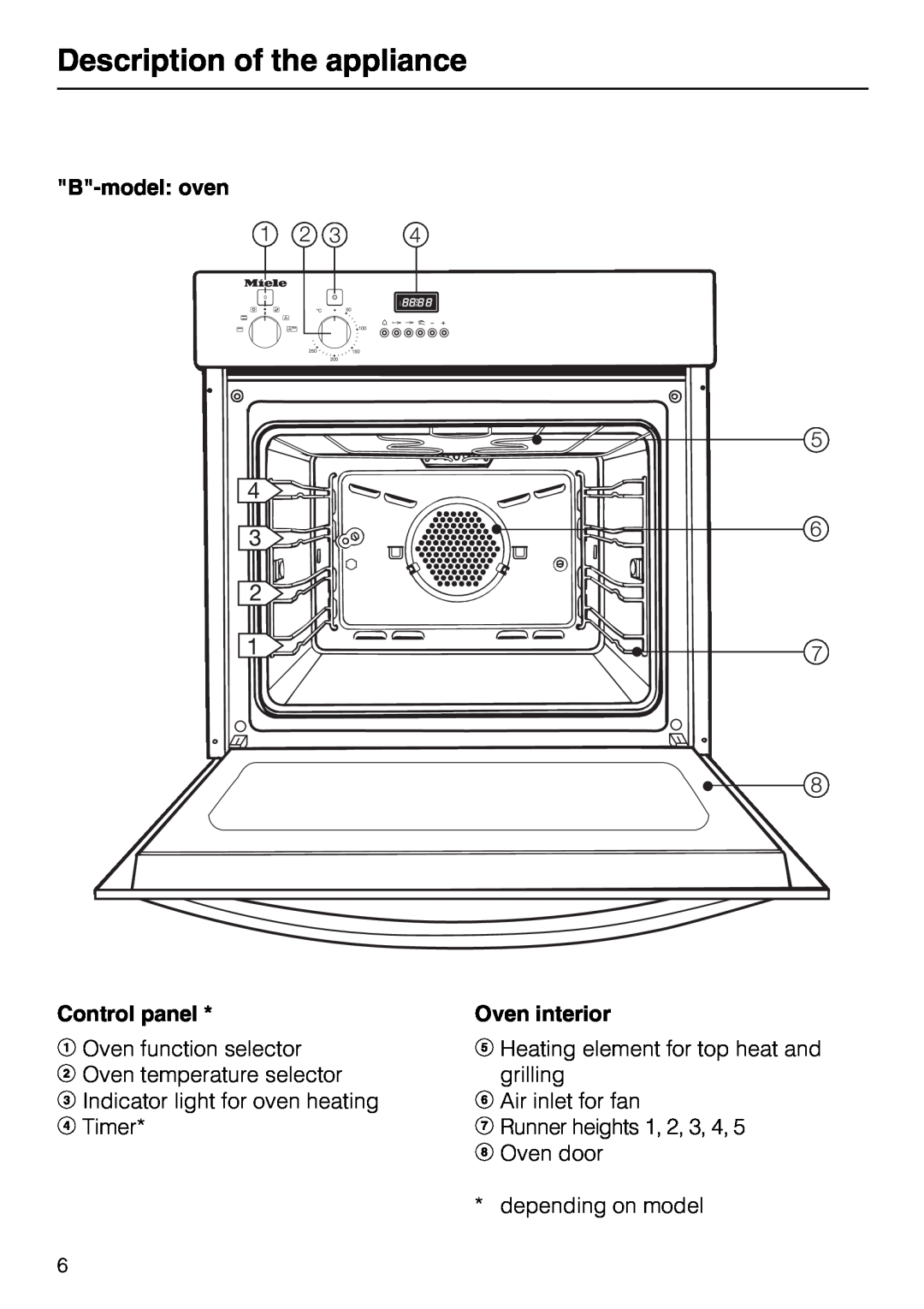Miele H 320, H 326, H 316, H 310 manual B-model oven, Description of the appliance, Control panel, Oven interior 