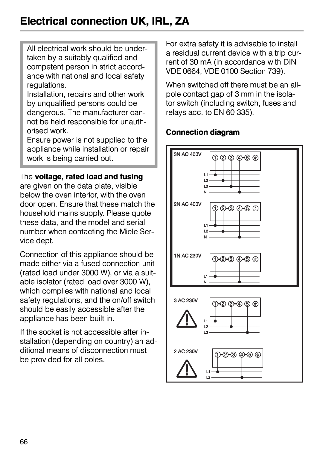 Miele H 320, H 326, H 316, H 310 manual Electrical connection UK, IRL, ZA, Connection diagram 