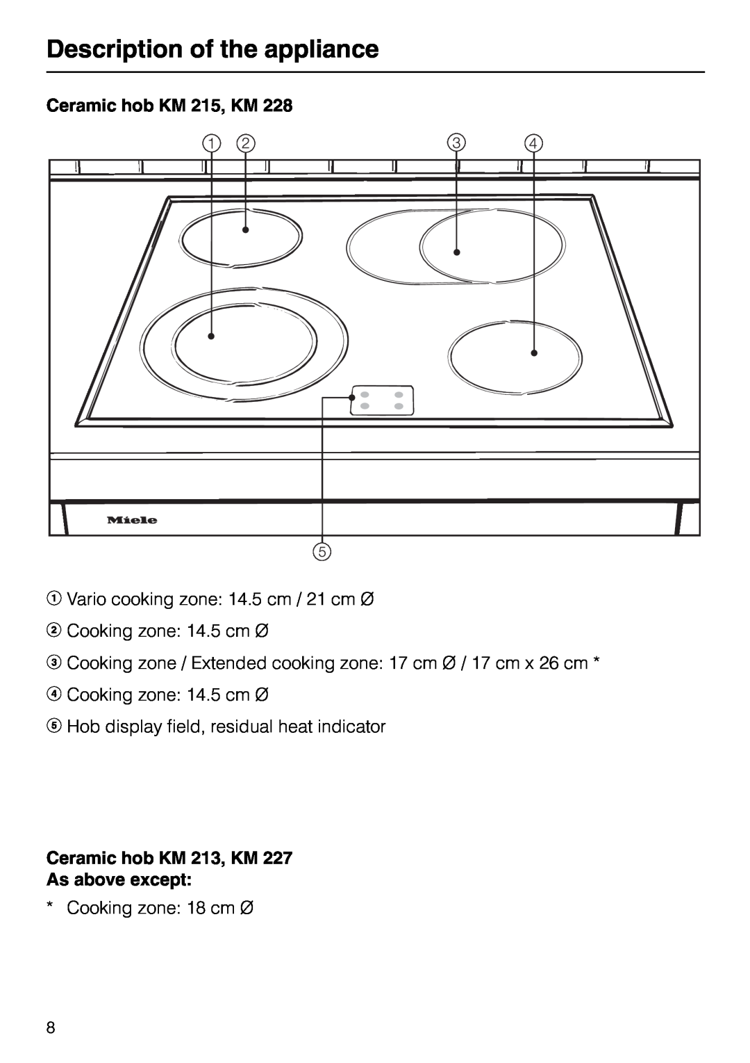 Miele H 326, H 316, H 320 manual Ceramic hob KM 215, KM, Ceramic hob KM 213, KM As above except, Description of the appliance 