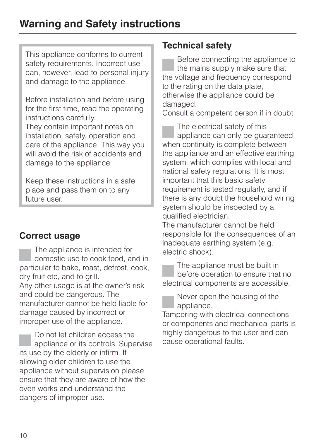 Miele H 344-2 B, H334B manual Correct usage, Technical safety 