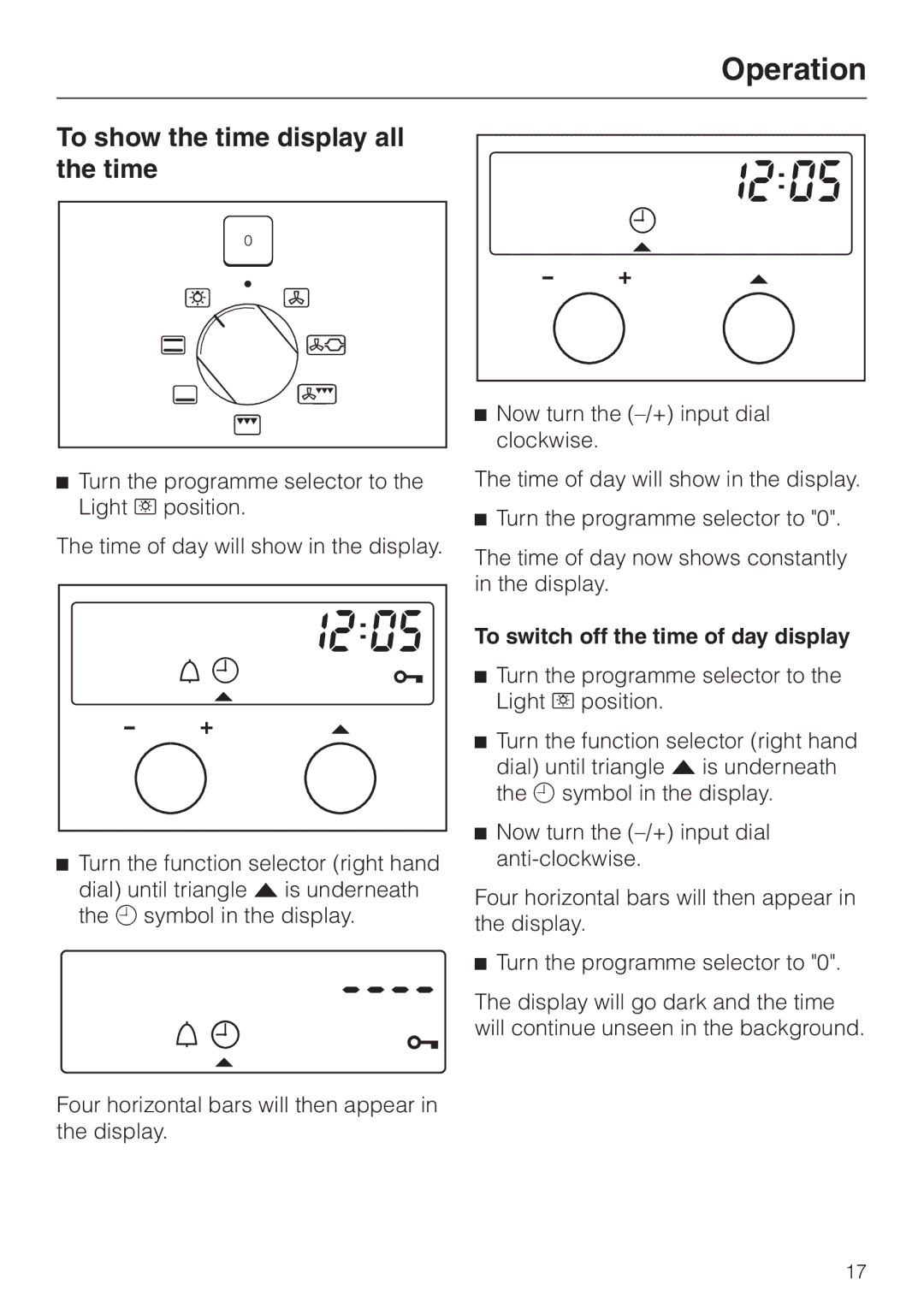 Miele H334B, H 344-2 B manual To show the time display all the time, To switch off the time of day display 