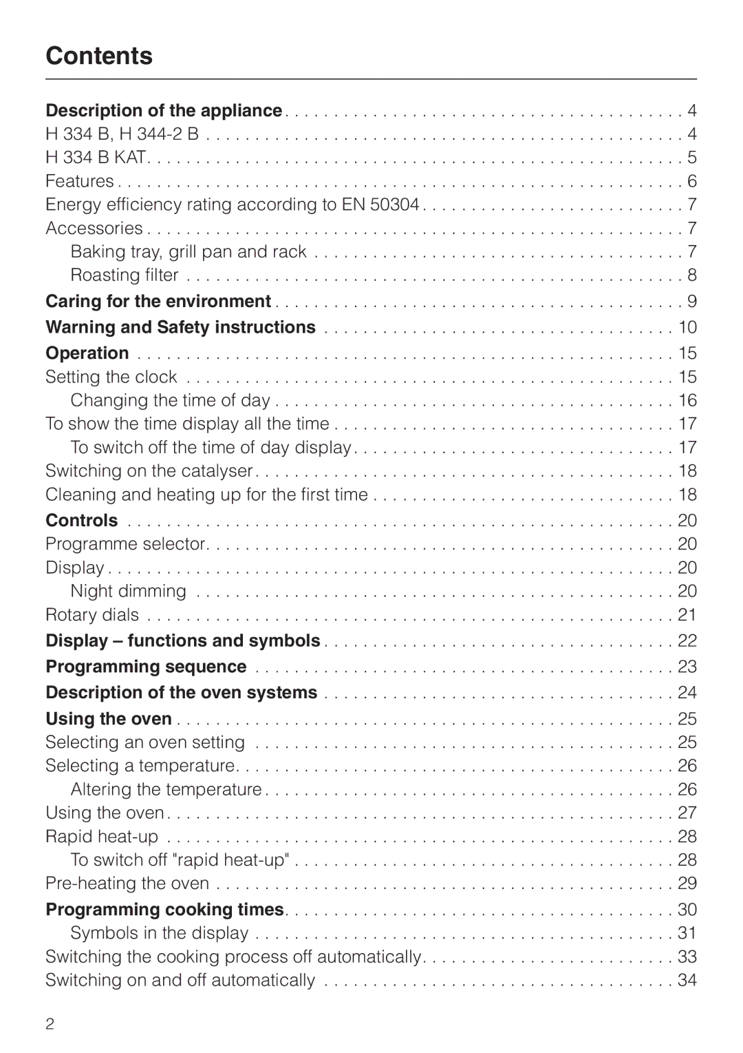 Miele H 344-2 B, H334B manual Contents 