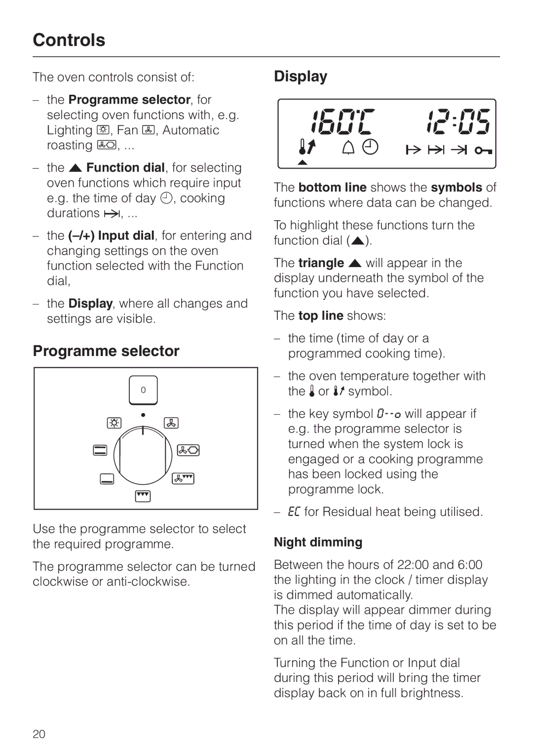 Miele H 344-2 B, H334B manual Controls, Programme selector, Display, Night dimming 