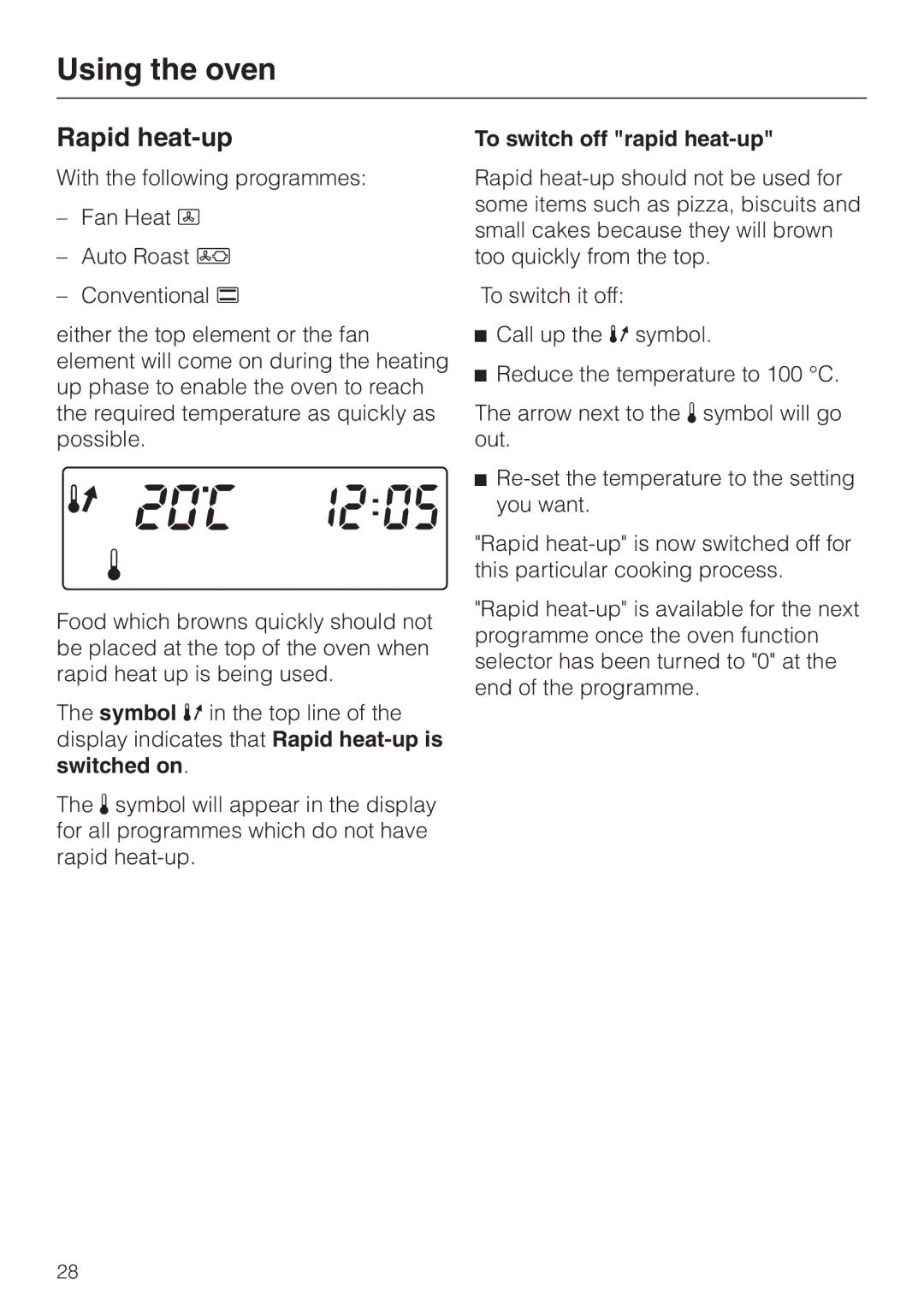 Miele H 344-2 B, H334B manual Rapid heat-up, To switch off rapid heat-up 