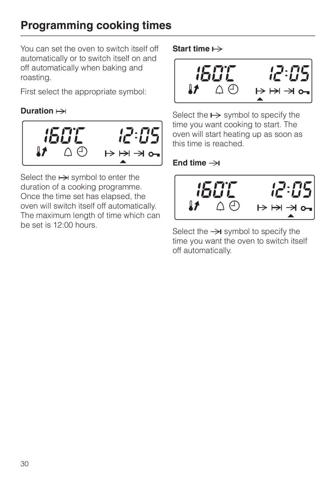 Miele H 344-2 B, H334B manual Programming cooking times, Duration g, Start time f, End time 