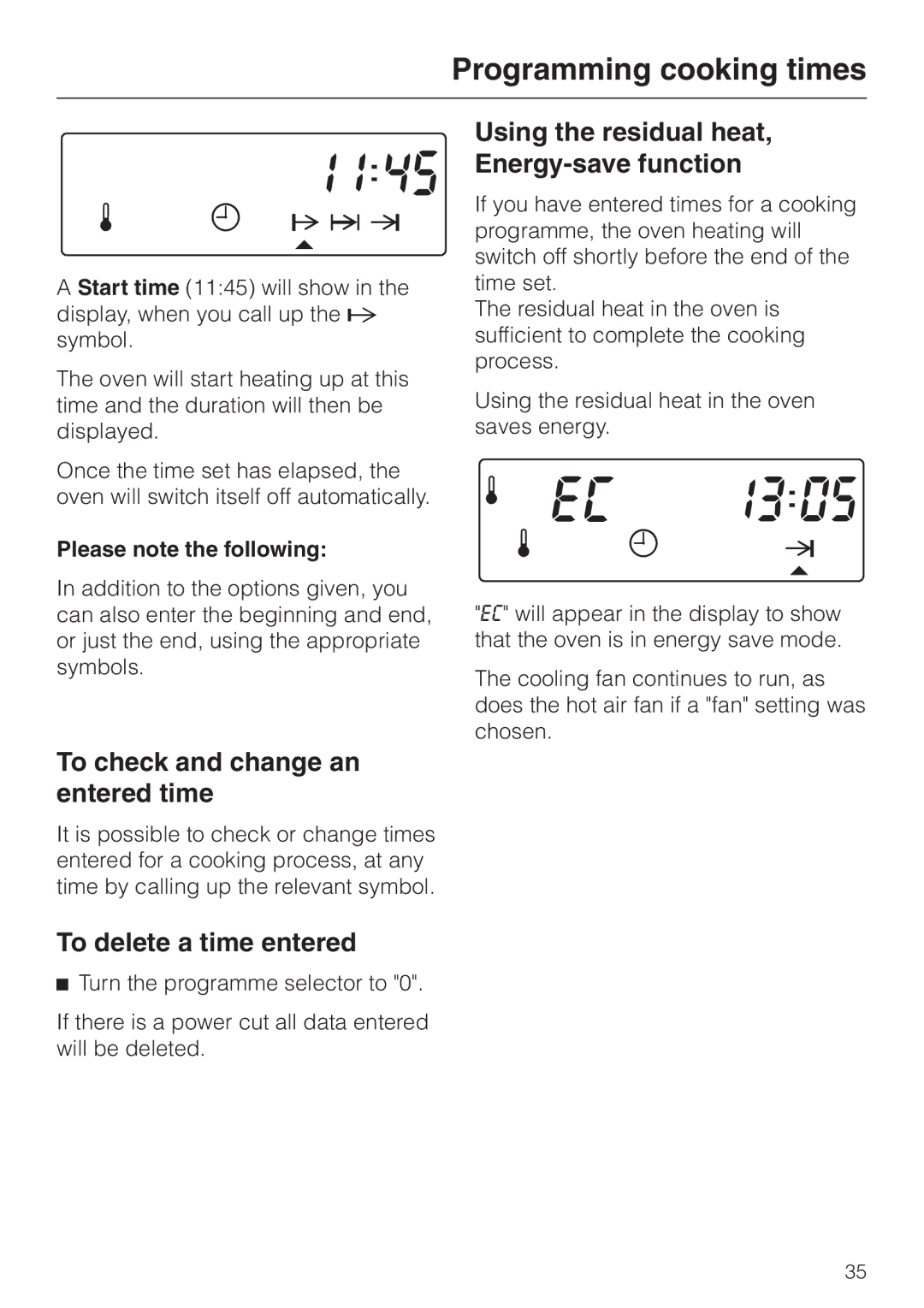 Miele H334B To check and change an entered time, To delete a time entered, Using the residual heat, Energy-save function 