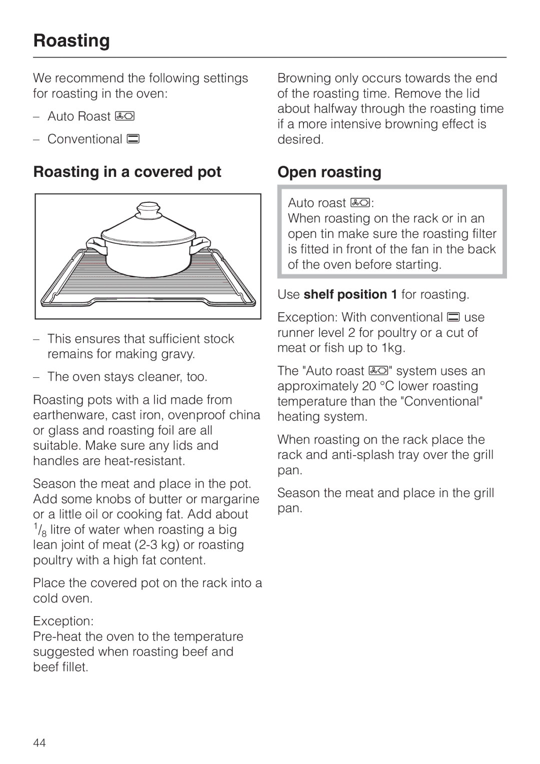 Miele H 344-2 B, H334B manual Roasting in a covered pot Open roasting 