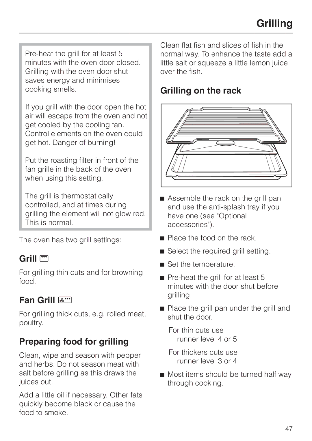 Miele H334B, H 344-2 B manual Preparing food for grilling, Grilling on the rack 