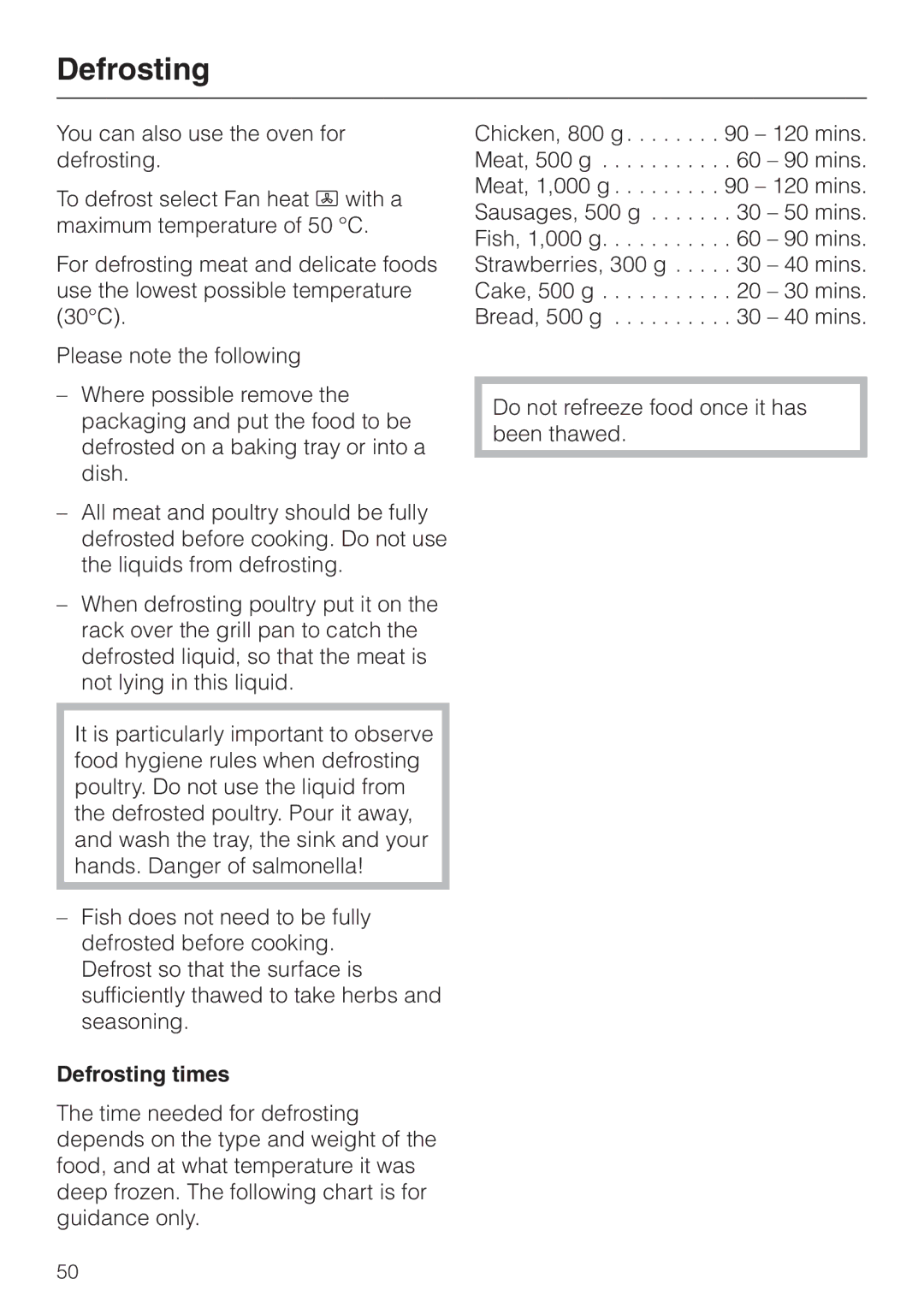 Miele H 344-2 B, H334B manual Defrosting times 