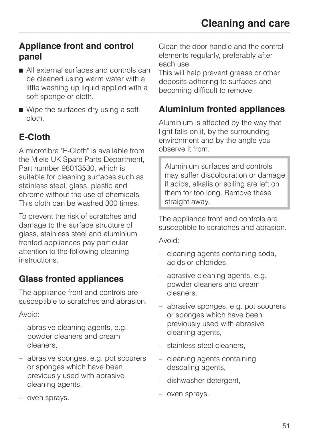 Miele H334B, H 344-2 B manual Cleaning and care, Appliance front and control panel, Cloth, Glass fronted appliances 