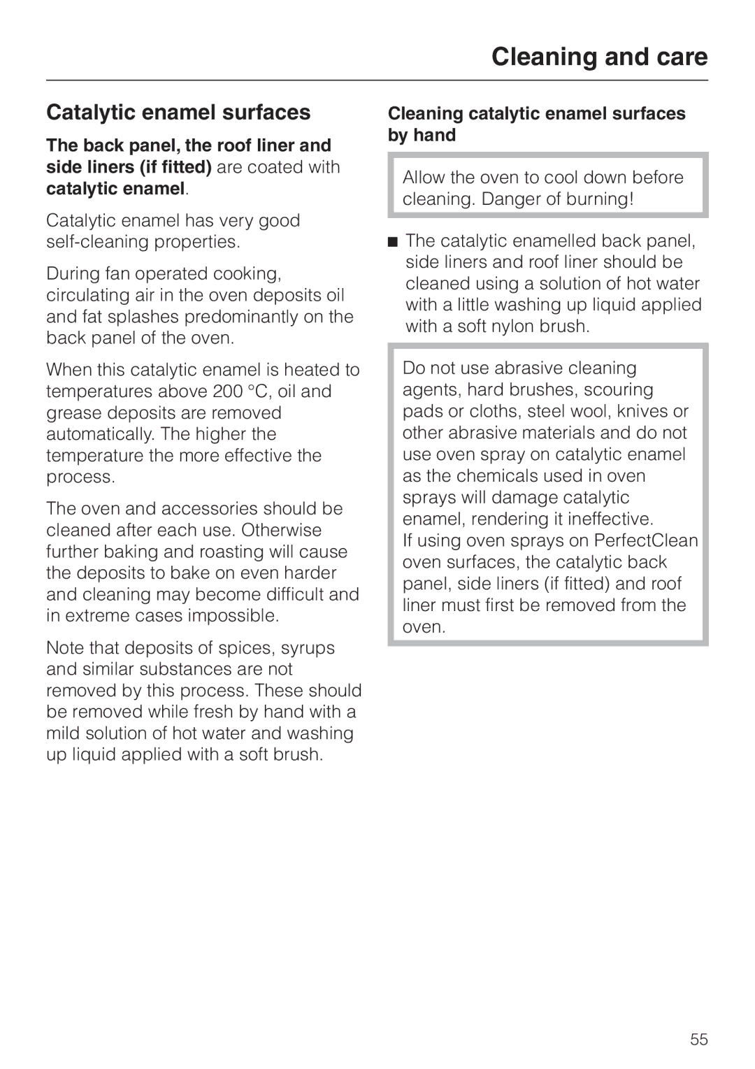 Miele H334B, H 344-2 B manual Catalytic enamel surfaces, Cleaning catalytic enamel surfaces by hand 