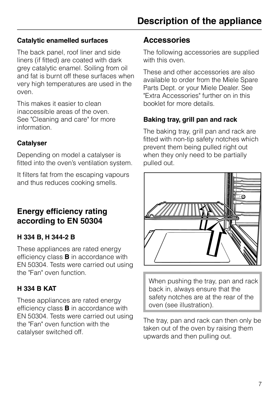 Miele H334B, H 344-2 B manual Energy efficiency rating according to EN, Accessories 