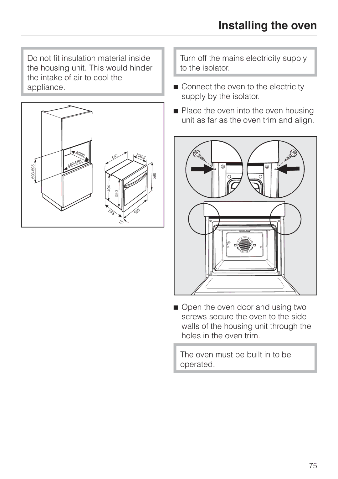 Miele H334B, H 344-2 B manual Installing the oven 