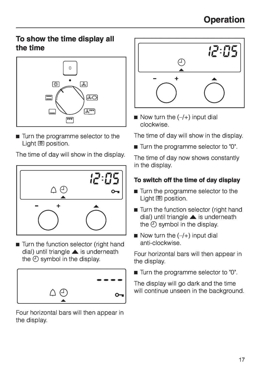 Miele H334B, H 344-2 B manual To show the time display all the time, To switch off the time of day display, Operation 