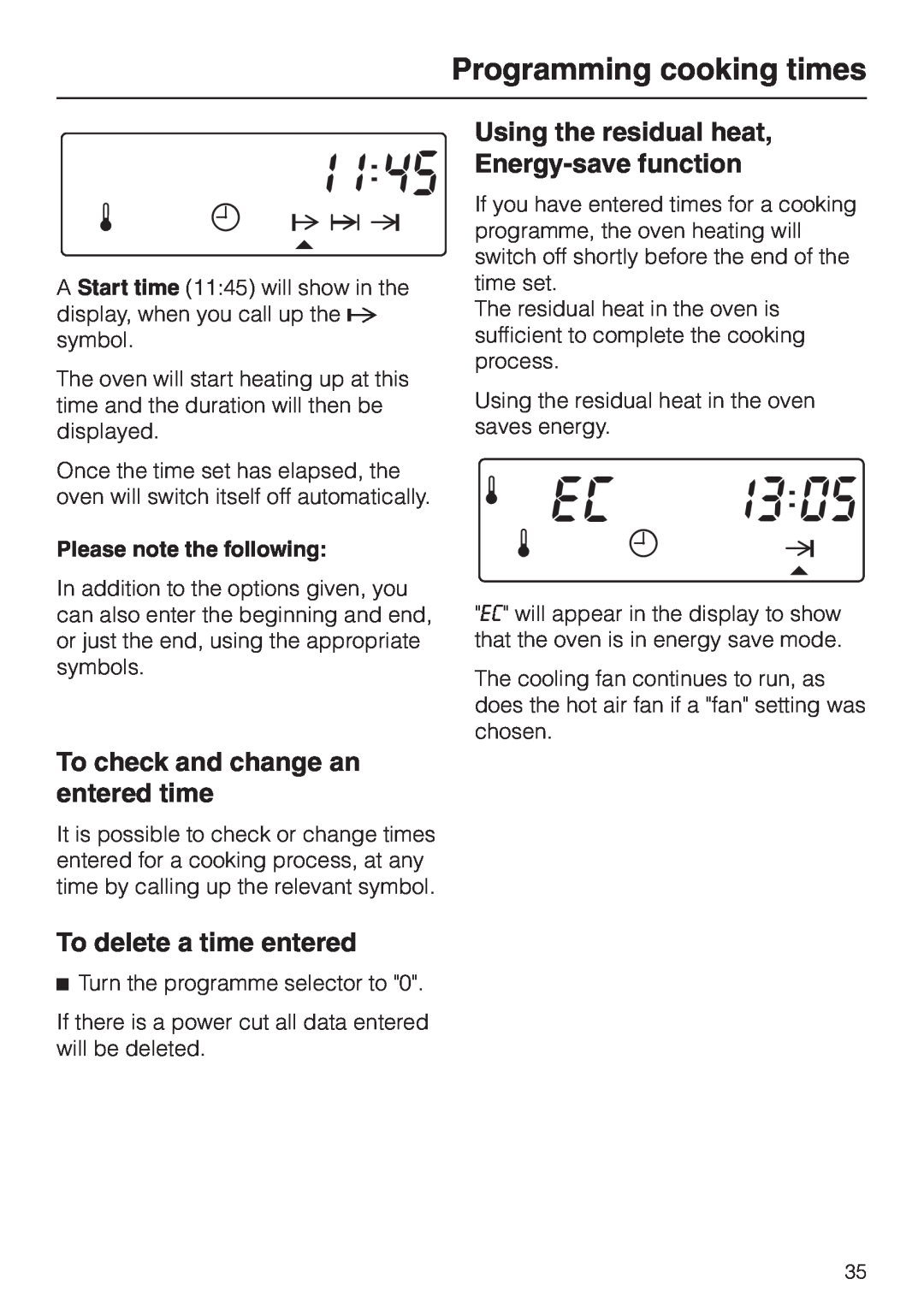 Miele H334B To check and change an entered time, To delete a time entered, Using the residual heat, Energy-savefunction 