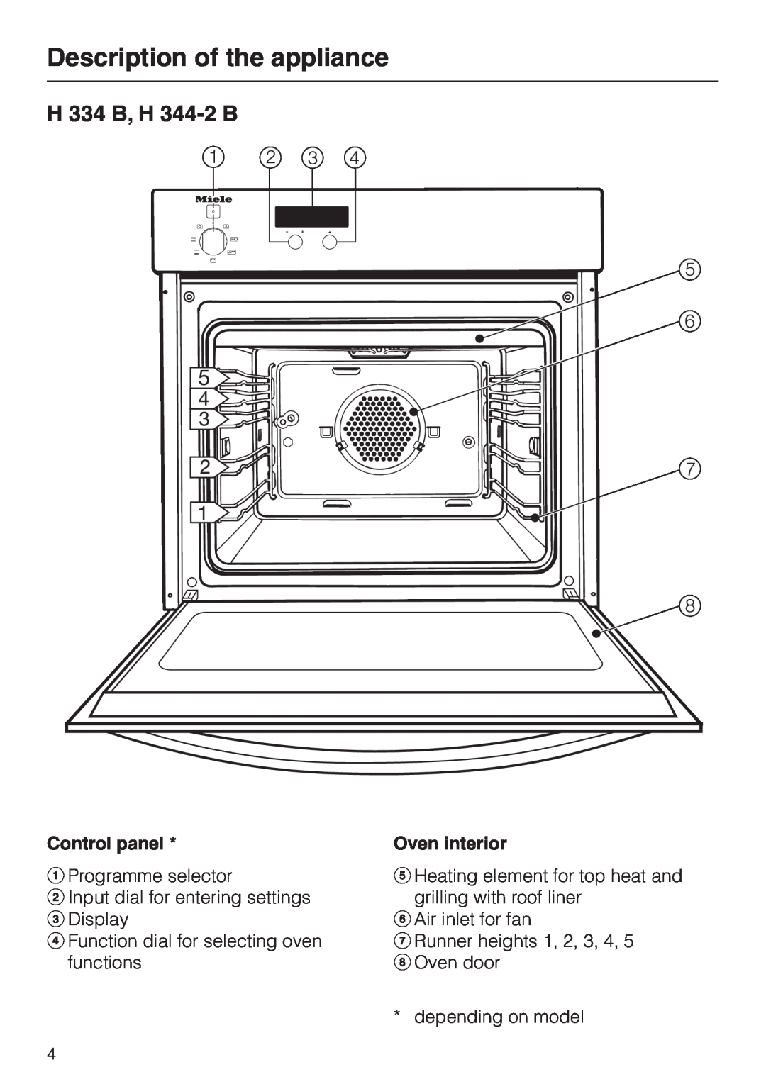 Miele H 344-2 B, H334B manual Description of the appliance, H 334 B, H 344-2B, Control panel, Oven interior 
