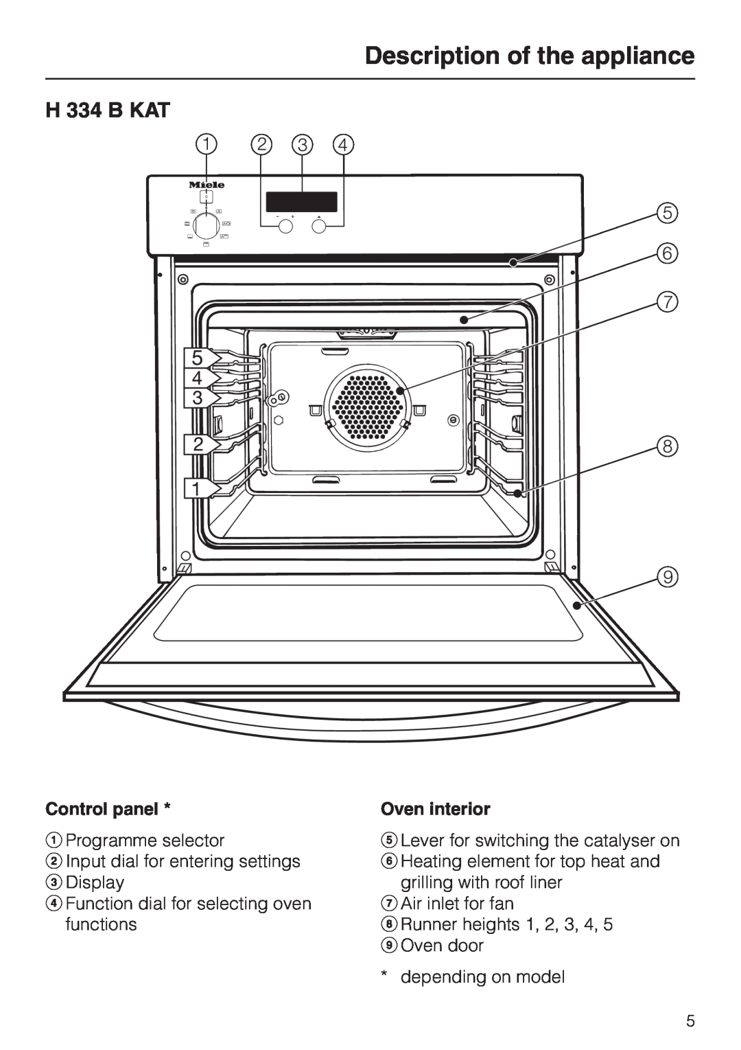 Miele H334B, H 344-2 B manual H 334 B KAT, Description of the appliance, Control panel, Oven interior 