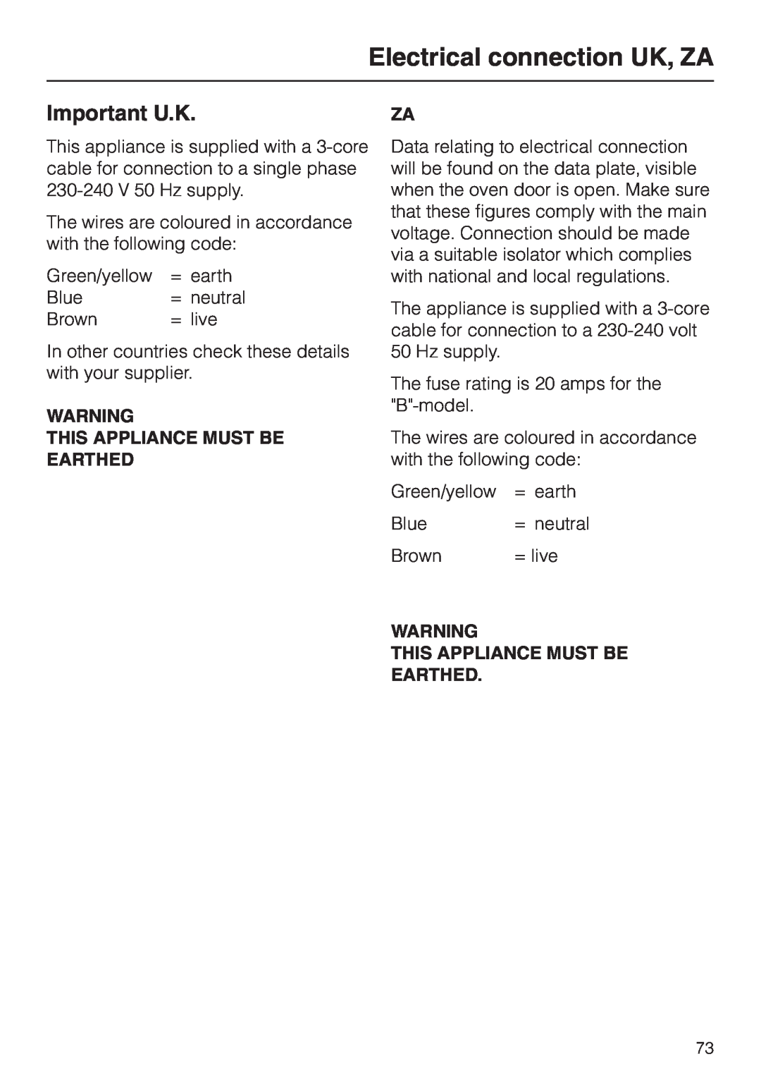Miele H334B, H 344-2 B manual Important U.K, This Appliance Must Be Earthed, Electrical connection UK, ZA 