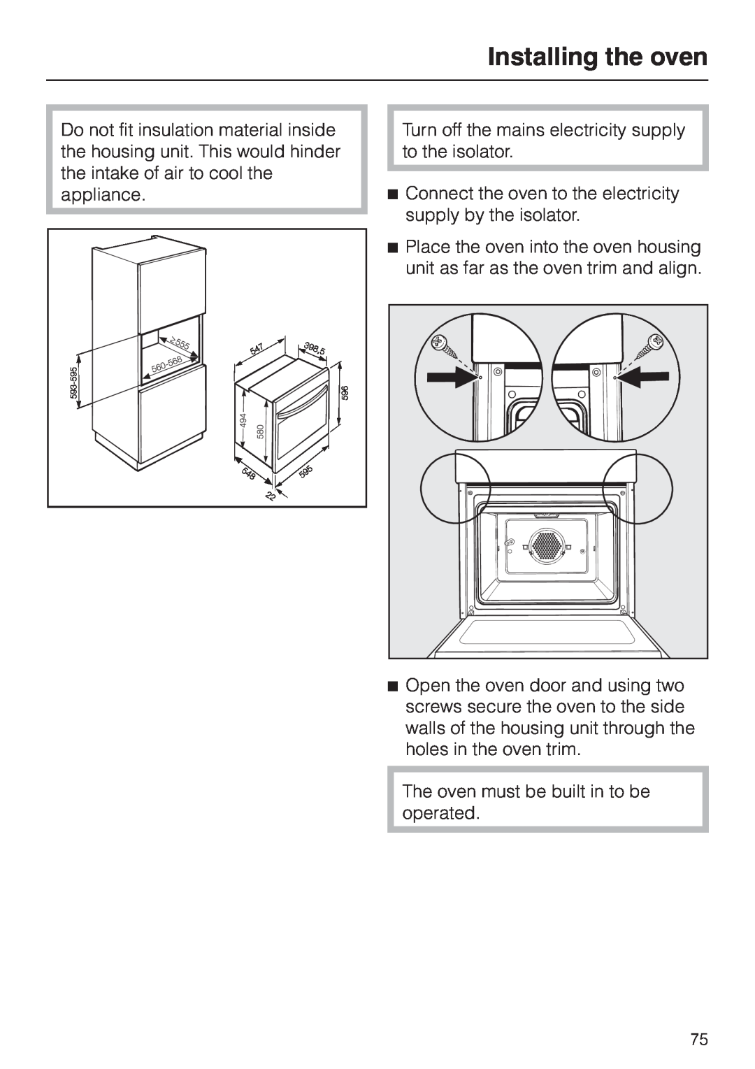 Miele H334B, H 344-2 B manual Installing the oven 