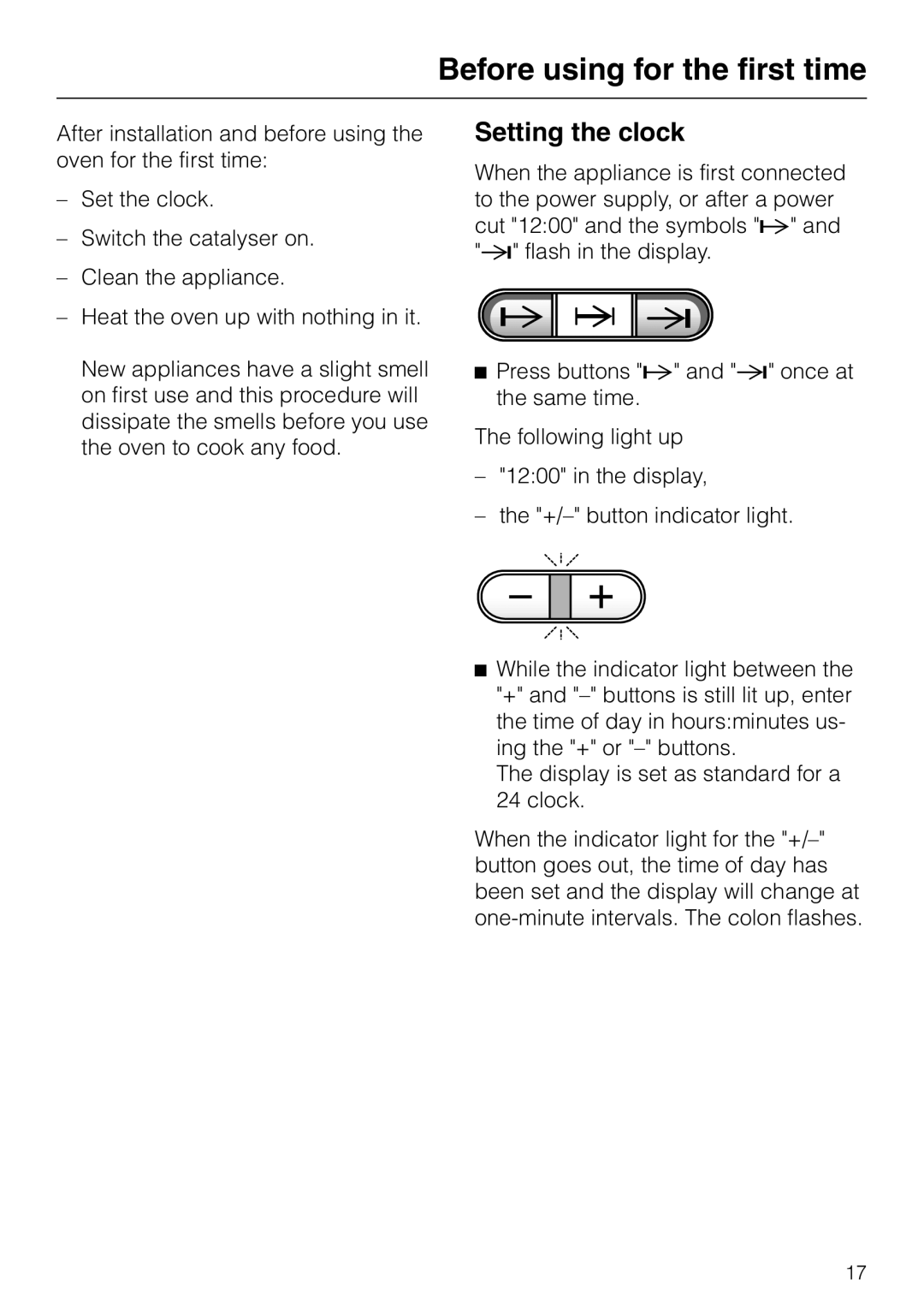 Miele H 387-1 B KAT manual Before using for the first time, Setting the clock 