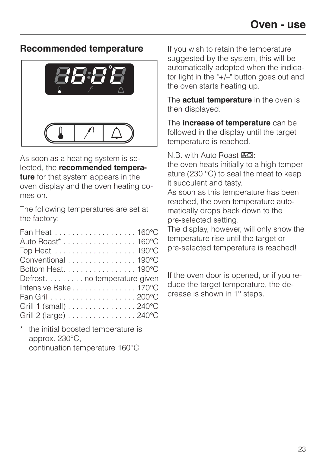 Miele H 387-1 B KAT manual Recommended temperature 