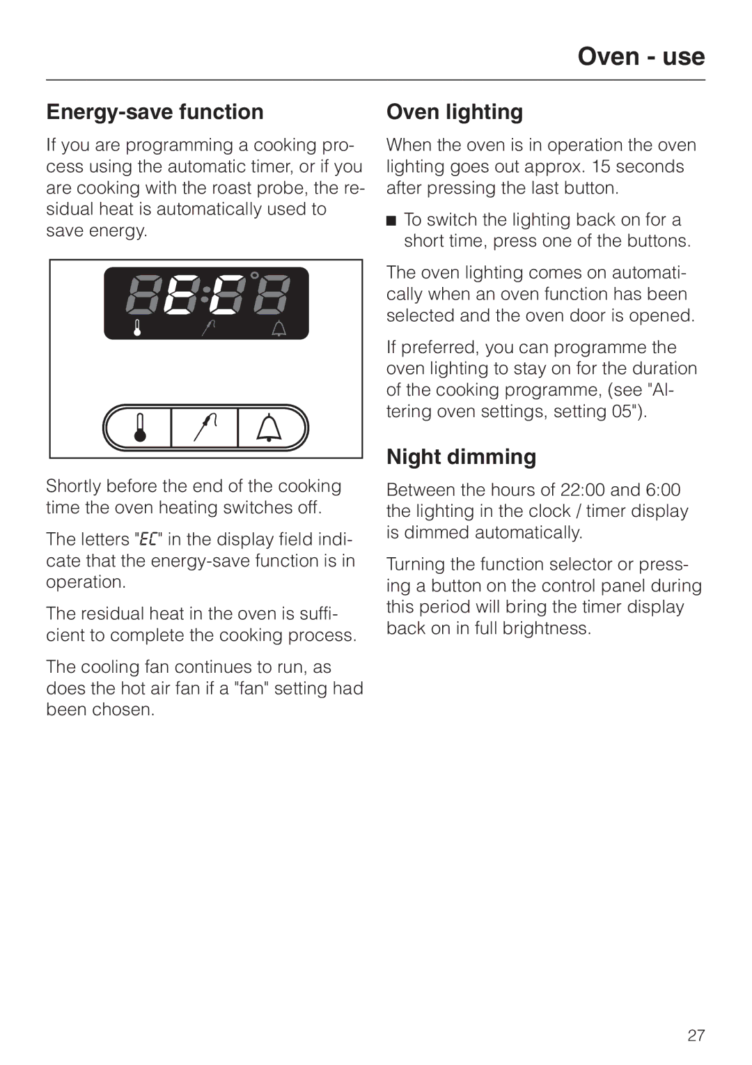 Miele H 387-1 B KAT manual Energy-save function, Oven lighting, Night dimming 