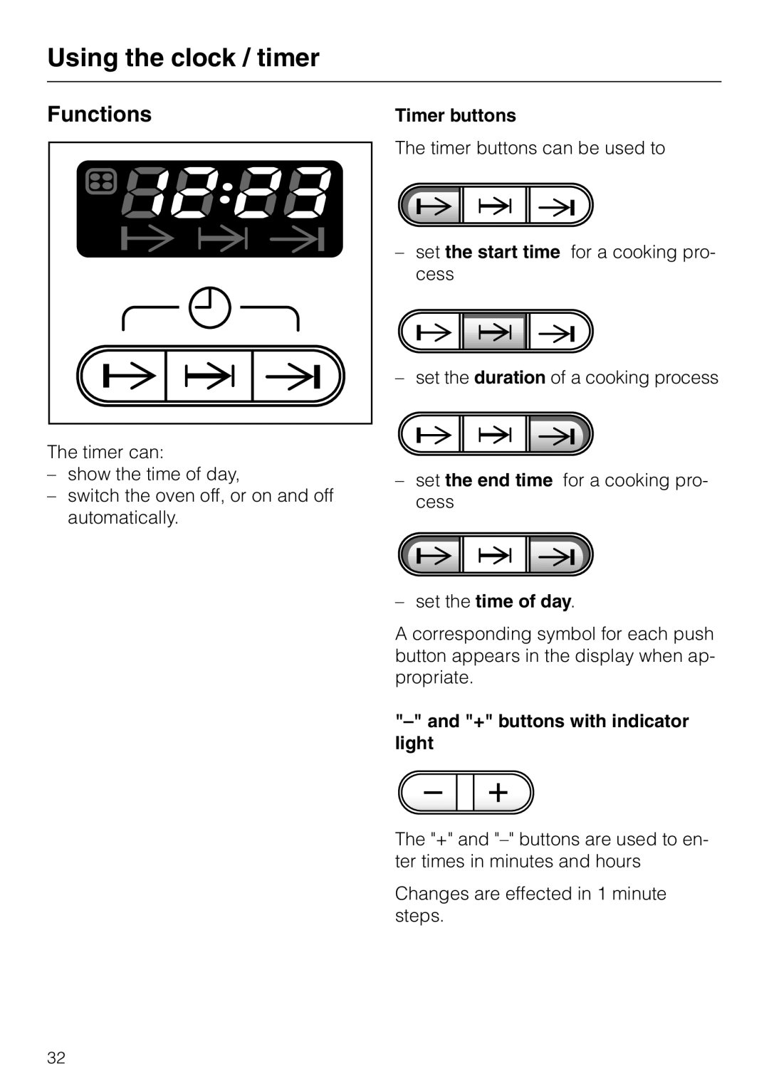 Miele H 387-1 B KAT manual Using the clock / timer, Functions, Timer buttons, Set the time of day 