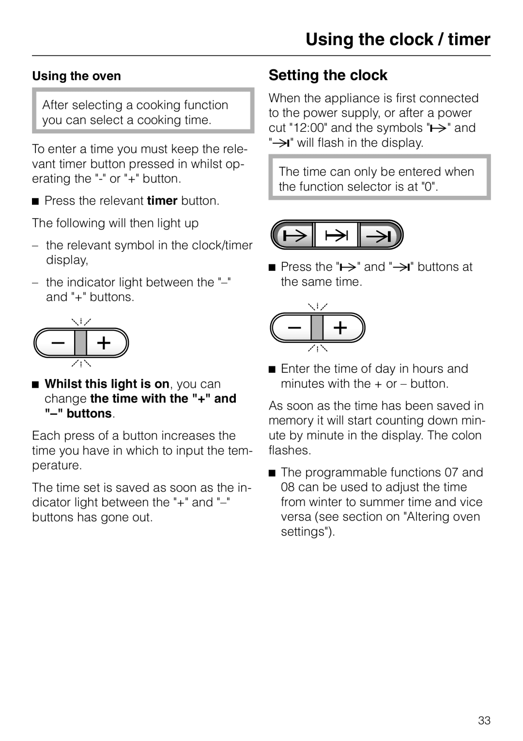 Miele H 387-1 B KAT manual Setting the clock, Using the oven 