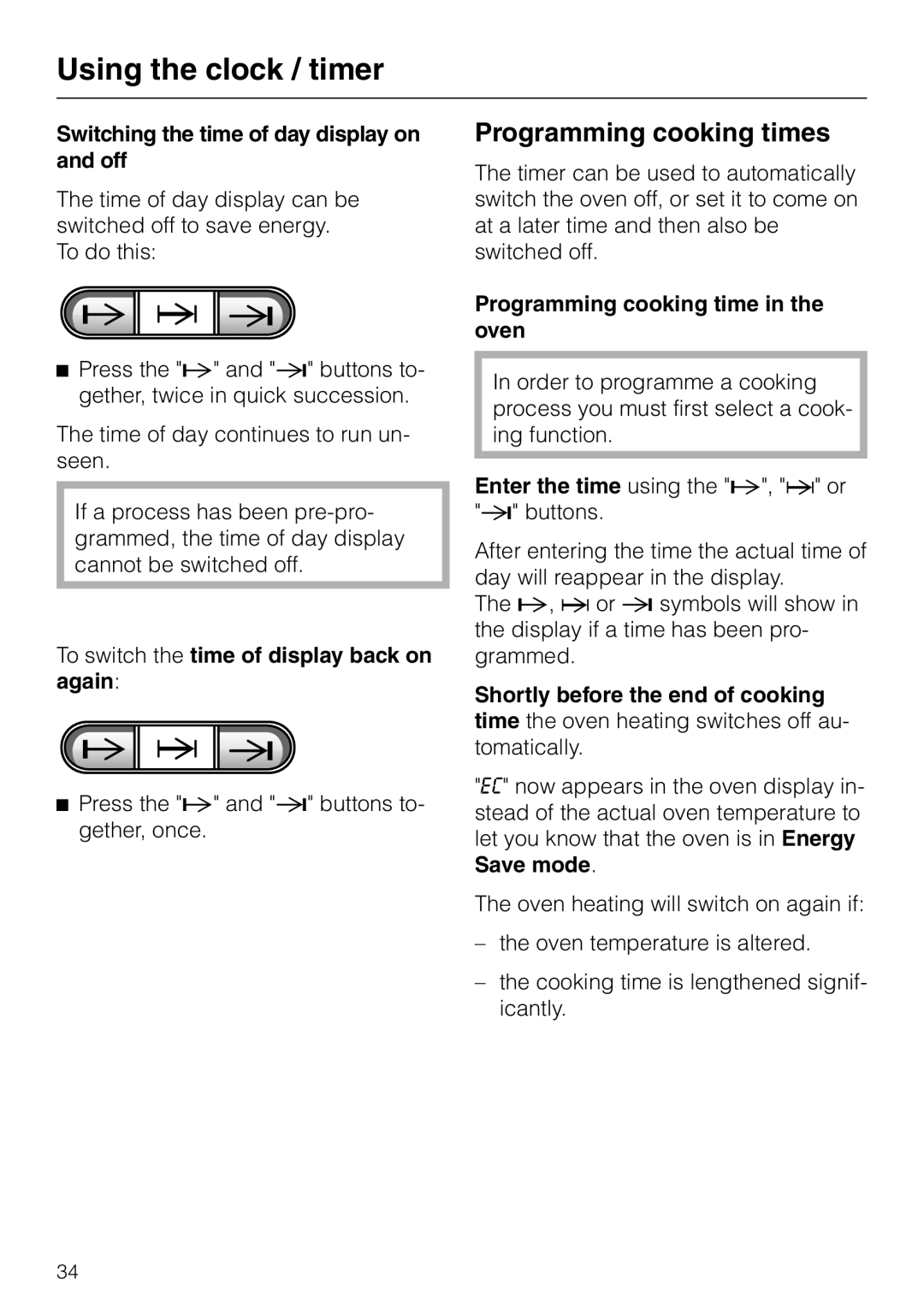 Miele H 387-1 B KAT manual Programming cooking times, Switching the time of day display on and off 