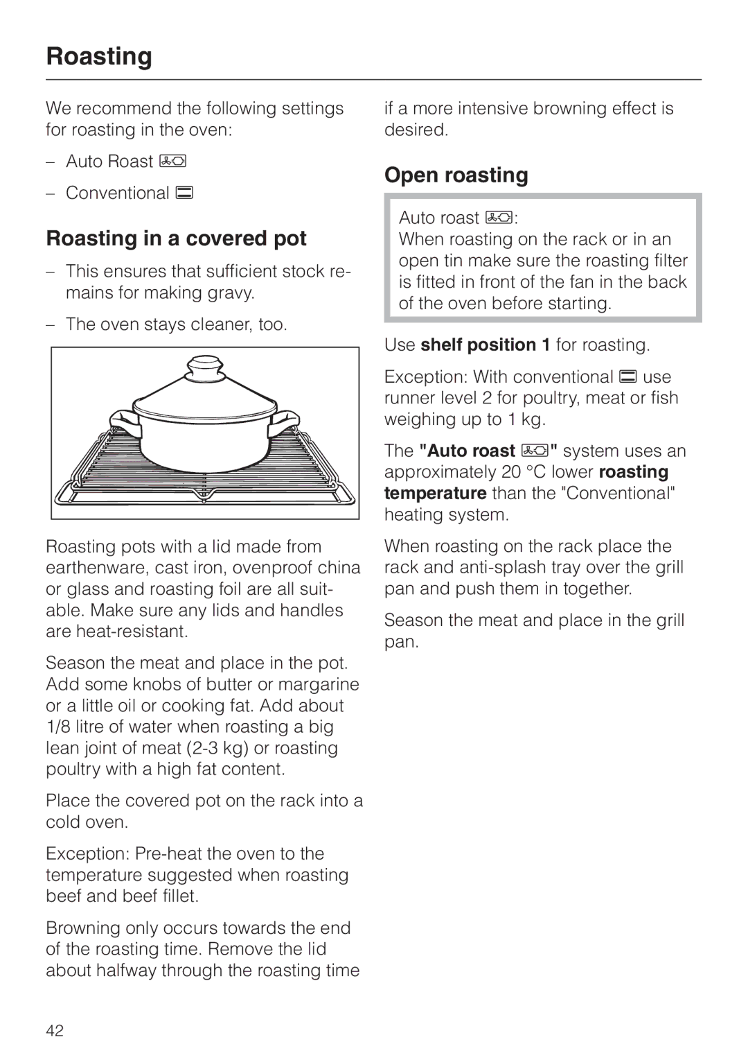 Miele H 387-1 B KAT manual Roasting in a covered pot, Open roasting 