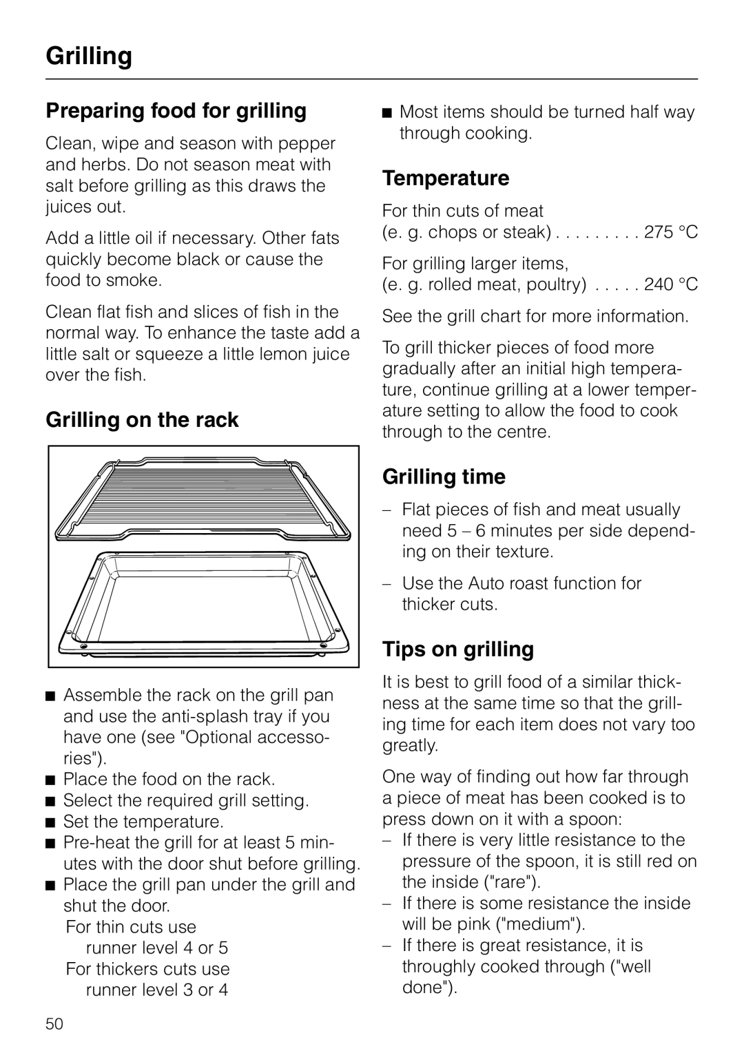 Miele H 387-1 B KAT manual Preparing food for grilling, Grilling on the rack, Grilling time, Tips on grilling 