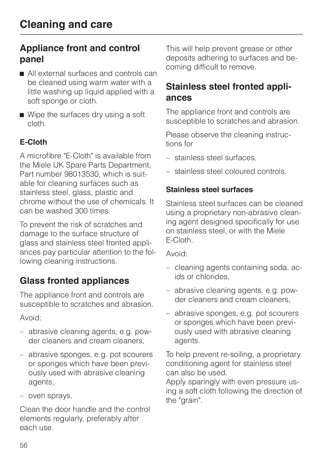 Miele H 387-1 B KAT manual Cleaning and care, Appliance front and control panel, Glass fronted appliances 