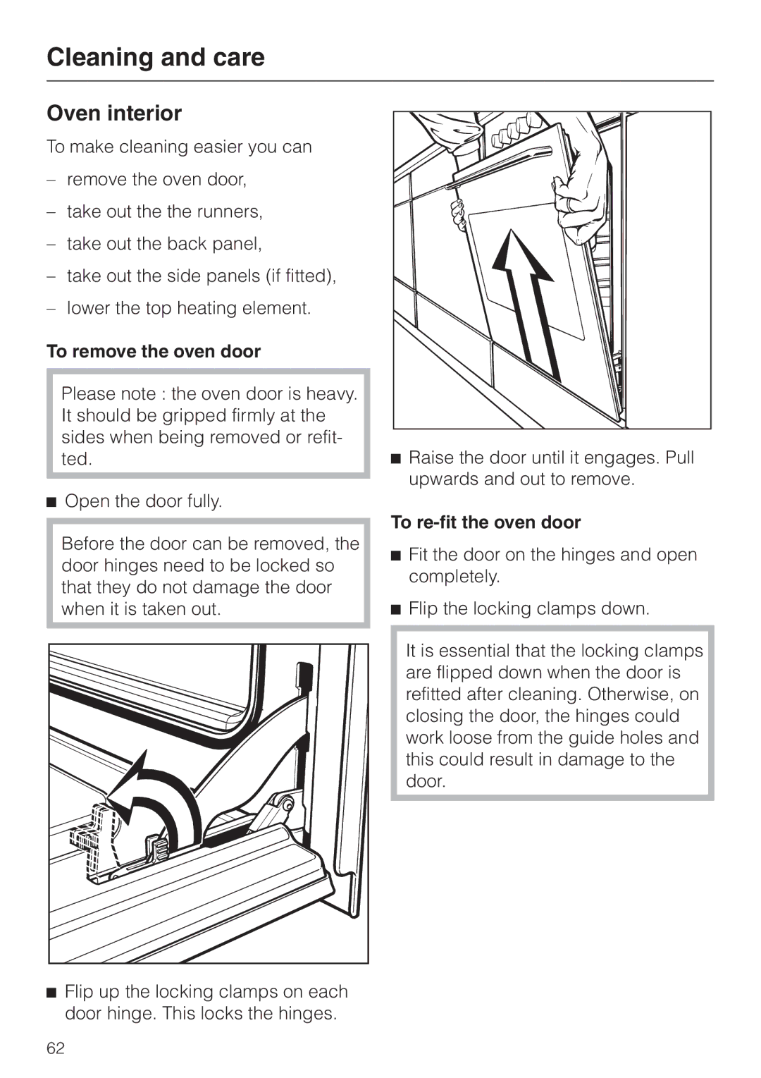 Miele H 387-1 B KAT manual Oven interior, To remove the oven door, To re-fit the oven door 