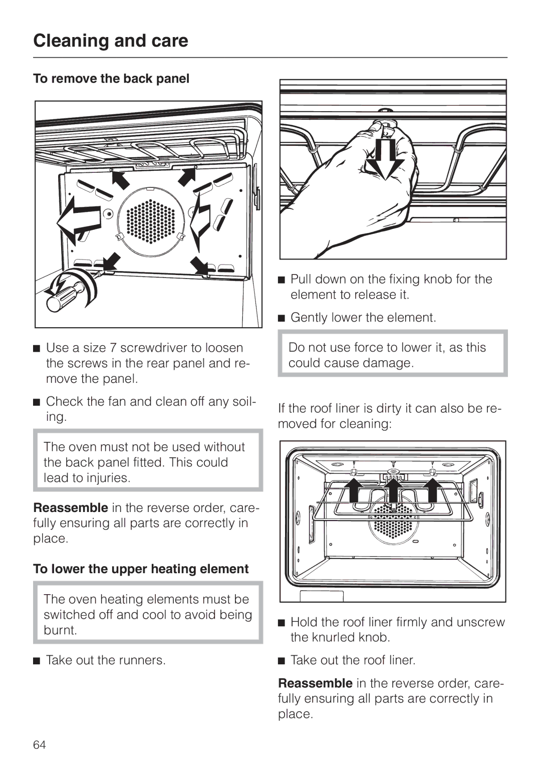 Miele H 387-1 B KAT manual To remove the back panel, To lower the upper heating element 